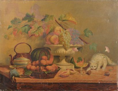 null A.TOURNIER (XIXe siècle).
Nature morte au chat et aux fruits.
Huile sur toile...