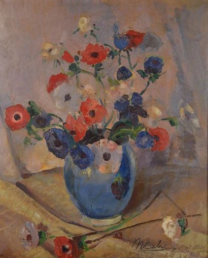 null École française du XXe siècle.
Bouquet d'anémones au vase bleu.
Huile sur carton...