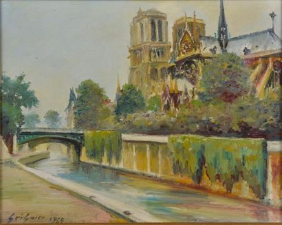 null Fernand GUIGNIER (1902-1972).
Vue de Notre-Dame. 
Huile sur toile signée et...