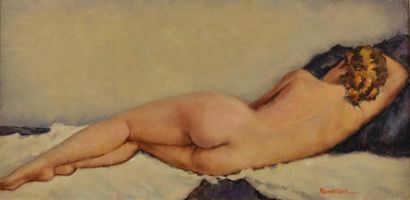 null MONJORQUE (XXe siècle).
Femme nue allongée de dos.
Huile sur toile signée en...