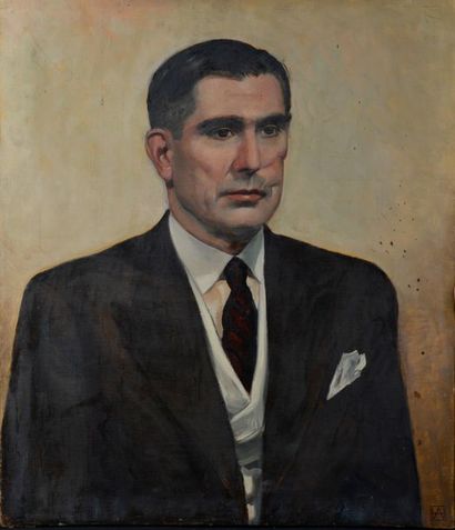 null École française du XXe siècle.
Portrait d'homme en costume.
Huile sur toile...