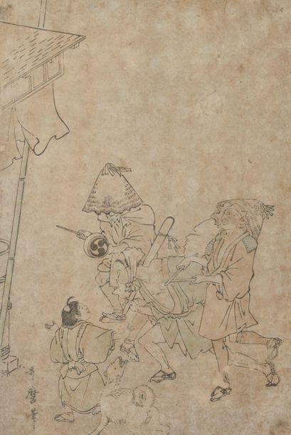 null Kitagawa UTAMARO (1753?-1806).
Oban tate-e représentant trois musiciens et un...