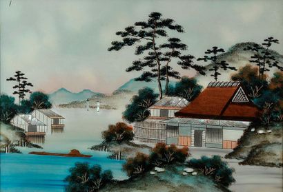 null JAPON - Début XXe siècle.
Deux peintures fixées sous-verre représentant un paysage...