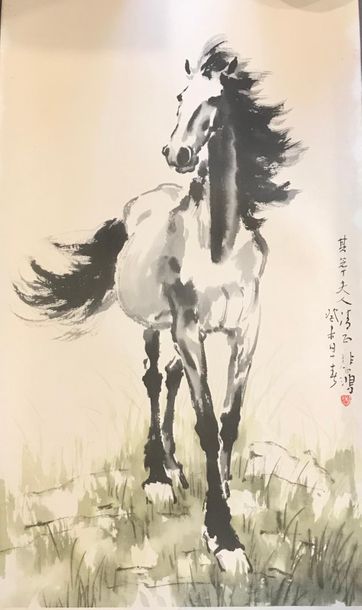 null CHINE, XXème siècle, d'après Xu Bei Hong.
Cheval au galop. 
Impression. Signature...