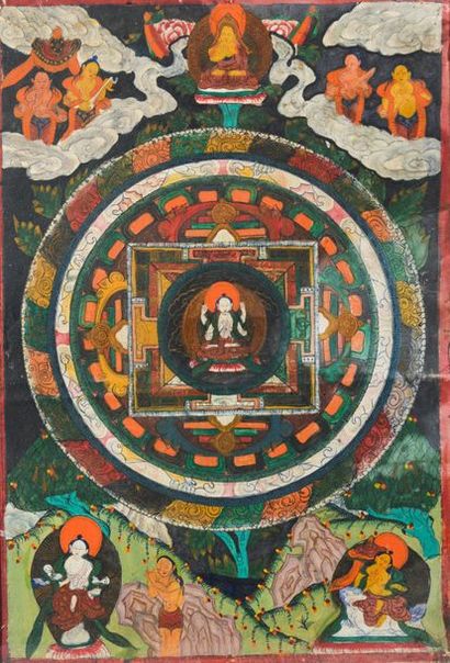 null TIBET - XXe siècle.
Deux tangkas peints sur toile à décor mythologique (sans...