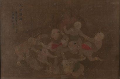 null CHINE - XIXe siècle.
Encre polychrome sur soie figurant neuf enfants jouant....