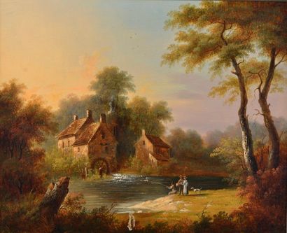 null Louis Nicolas CHAINBAUX (XIXe siècle).

Partie de pêche devant le moulin à eau.

Huile...