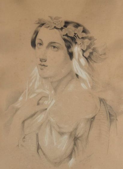 null Blanche LANGLOIS (XIXe siècle).
Portrait de femme à la couronne de lière.
Crayon...