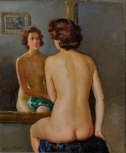 null Maurice F. PERROT (1882-1935).
Nu féminin de dos devant un miroir.
Huile sur...