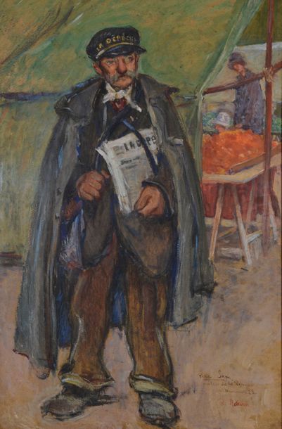 null Raoul ADAM (1881-1948).
« Père Stem porteur de la dépêche ».
Gouache sur carton...