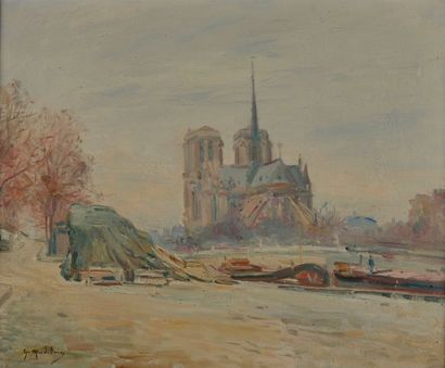 null Gustave MADELAIN (1867-1944). 
Bord de Seine avec Notre-Dame en arrière plan....