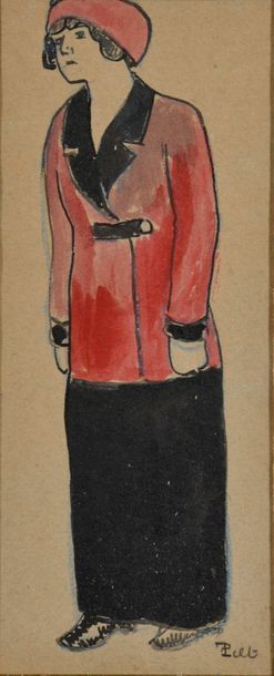 null Fernand PIET (1869-1942). 
Femme au bibi et au manteau rouge.
Crayon bleu et...