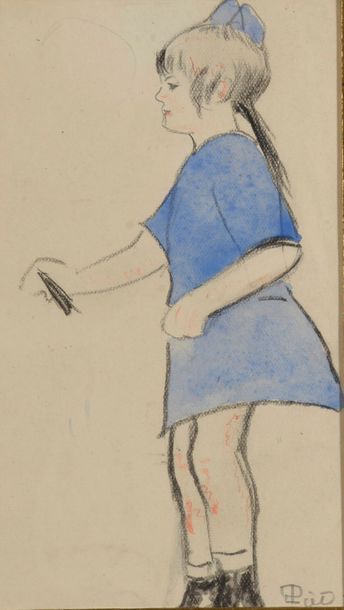 null Fernand PIET (1869-1942). 
Fillette à la robe bleue.
Crayon noir et aquarelle...