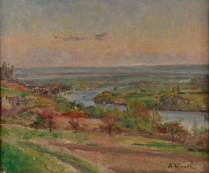 null André VIVREL (1886-1976).
Vallée au fleuve sinueux. 
Huile sur toile signée...