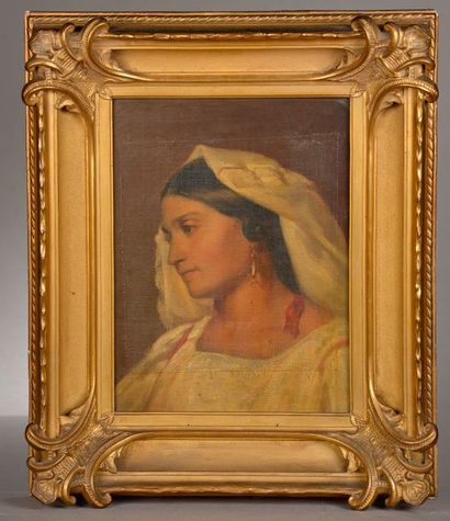 null École française du XIXe siècle.
Portrait d'une jeune femme au voile blanc.
Huile...