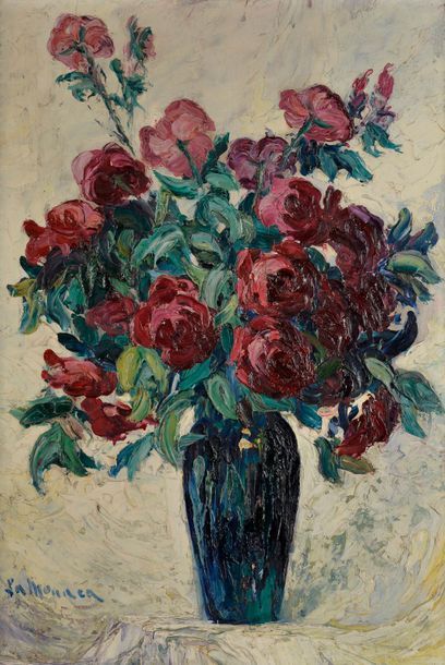LA MONACA (XXe siècle).
Bouquet de roses.
Huile...