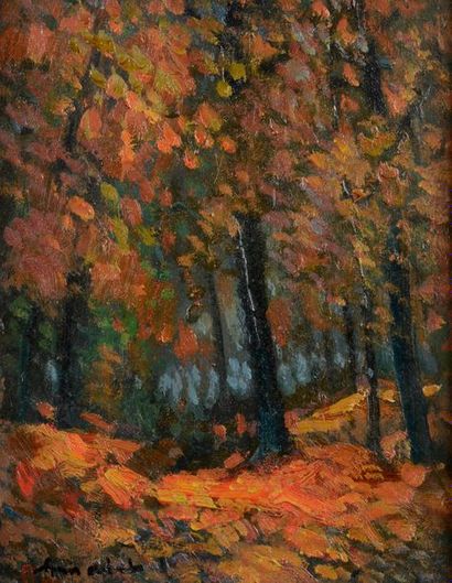 Albert MALET (1912-1986). 
Forêt en automne.
Huile...