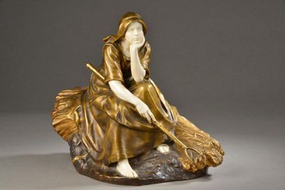 null Corneille Henri THEUNISSEN (1863-1918).
Rêverie aux champs.
Statuette chryséléphantine...