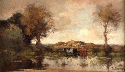 null École de Barbizon, XIXe siècle.

Paysage d'étang aux vaches.

Huile sur panneau...