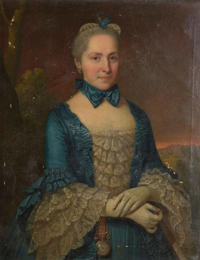 null École du XVIIIe siècle.

Portrait de femme en robe bleue.

Huile sur toile (manques).

Haut....