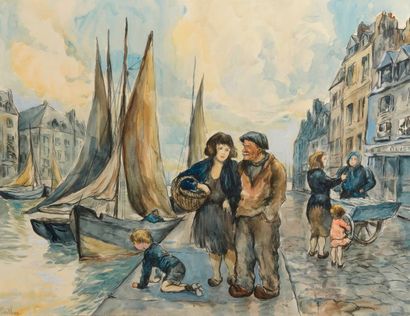 null Fred PAILHÈS (1902 - 1991).

Couple sur un quai à Honfleur.

Aquarelle sur traits...