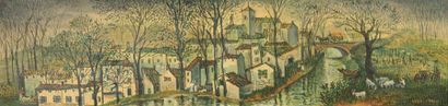 null Jean RAFFY LE PERSAN (Paris, 1920 - 2008). 

Vue d'une ville au bord du canal....