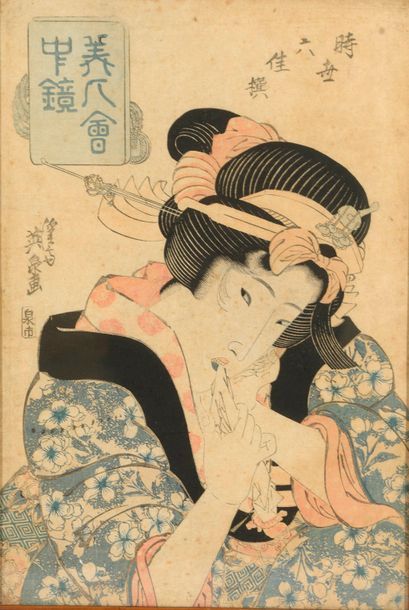 null Keisai EISEN (1790 - 1848).

Portrait de geisha mordillant un mouchoir.

Estampe...