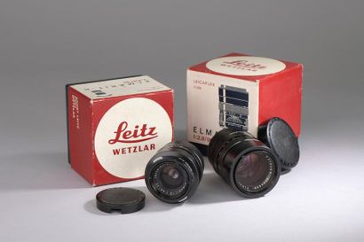 null Deux objectifs LEICAFLEX :

- Elmarit-R 2.8/90mm, référence 11239 ;

- Elmarit-R...