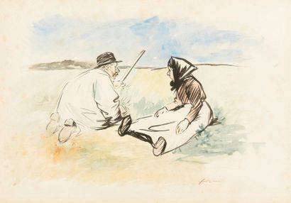 null Jean-Louis FORAIN (1852 - 1931). 



Couple de paysans assis dans un champ....