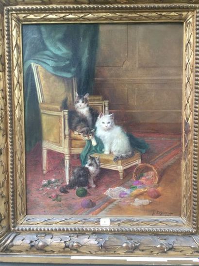 null Jules Gustave LE ROY (1856 - 1921). 



Chatons jouant.



Huile sur toile signée...