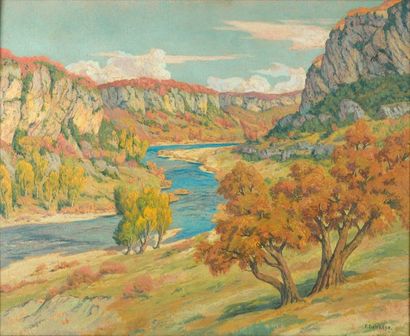 null François-Joseph de HASPE (1875 - 1950).

Cours d'eau entre les gorges. 

Huile...