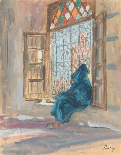 null Henri PONTOY (1888 - 1968).

"Fenêtre sur la mosquée à Marrakech".

Gouache...