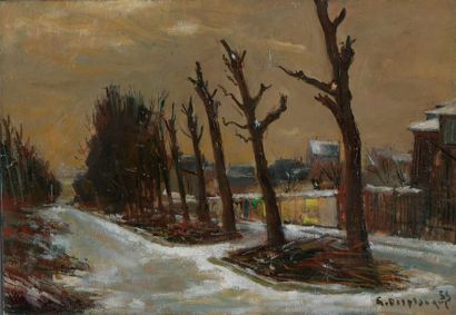 null Georges DELPLANQUE (1903 - 1999).

"Paysage du parc Montsouris, neige fondante".

Huile...