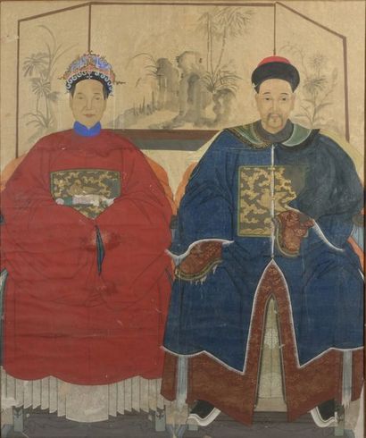 null École chinoise du XXe siècle.

Couple de dignitaires assis devant un paravent.

Peinture...