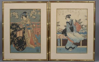 null Quatre oban tate-e, parties de triptyques, trois par Kunisada (dont deux signés...