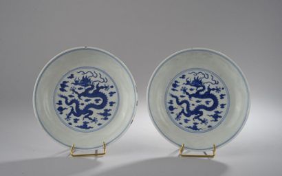 null Paire de coupes en porcelaine décorée en bleu sous couverte d'un dragon parmi...