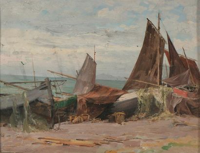 null Attribué à Eugène BERTHELON (1829 - 1914).


Bateaux de pêcheur sur la grève.


Huile...
