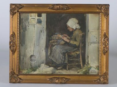 null Eugène VILLON (La Haye, 1879 - 1951).

Brodeuse bretonne au pas de sa porte.

Aquarelle...