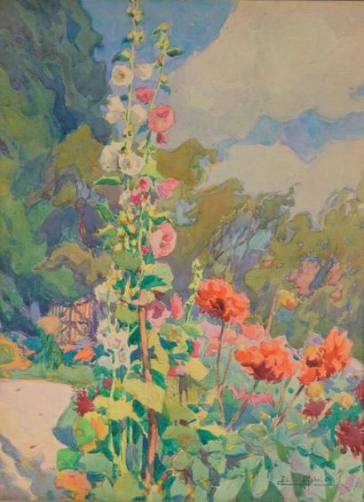 null Achille MOHRIEN (1873 - 1945).

Rue de village, Meules de foin et Fleurs dans...