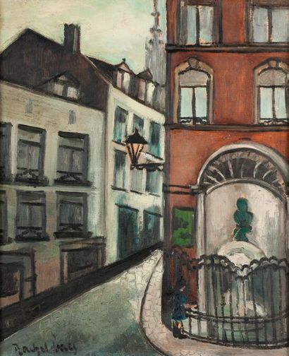 null Rachel BAES (1912 - 1983).

La fontaine Manneken Pis.

Huile sur toile signée...