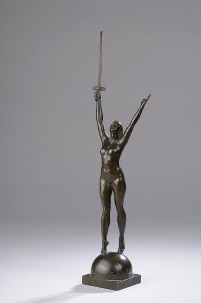 null D'après Émile GUILLAUME (1867 - 1942).

"La Délivrance".

Bronze à patine brune...