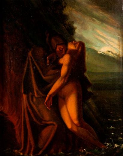 null École du XIXe siècle.

Femme nue retenue par un homme en cape au bord de l'eau...