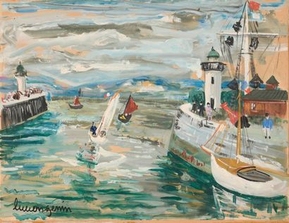 null Lucien GENIN (1894-1953).

Bateaux sortant de la rade.

Gouache sur papier contrecollé...