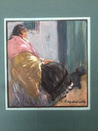 null Lucienne CAPDEVIEILLE (1885-1961).
Gitane assise de profile, un chien à ses...