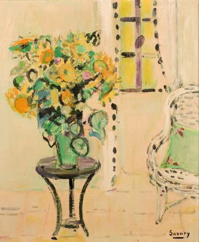 null Robert SAVARY (1920-2000). 
Vase fleuri sur un guéridon. 
Huile sur toile signée...