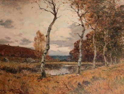 null Maurice MOISSET (1860-1946).
Paysage d'étang en automne.
Huile sur toile signée...