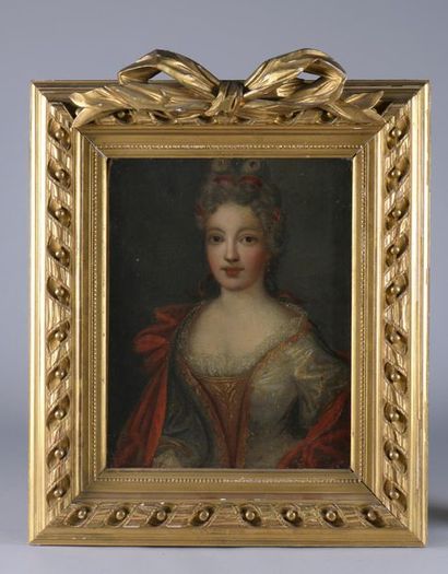 null École de la fin du XVIIIe siècle.
Portrait de femme à la capeline rouge.
Huile...