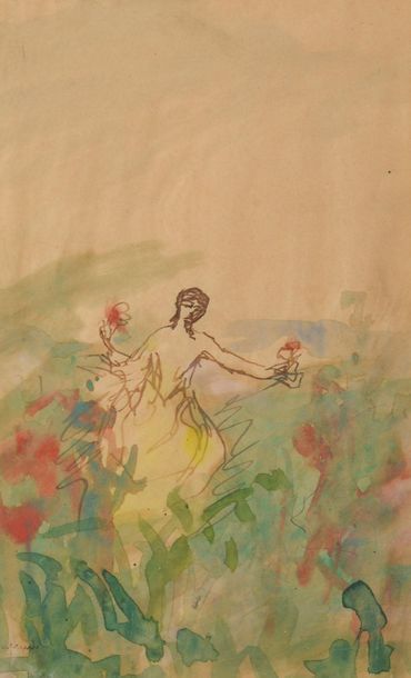 null Pierre LAPRADE (1875-1931/32).
Femmes cueillant des fleurs.
Aquarelle signée...