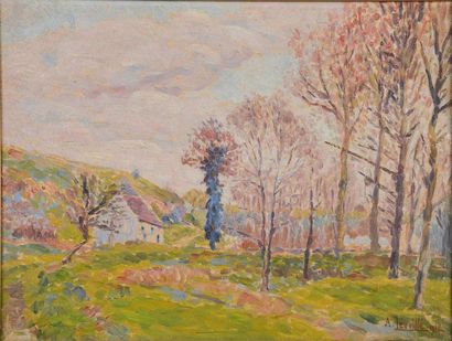 null André LÉVEILLÉ (1880-1963).
Paysage à la rangée d'arbres.
Huile sur toile signée...