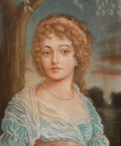 null École française du XIXe siècle.
Portrait de jeune femme au collier de perles.
Pastel.
Haut....